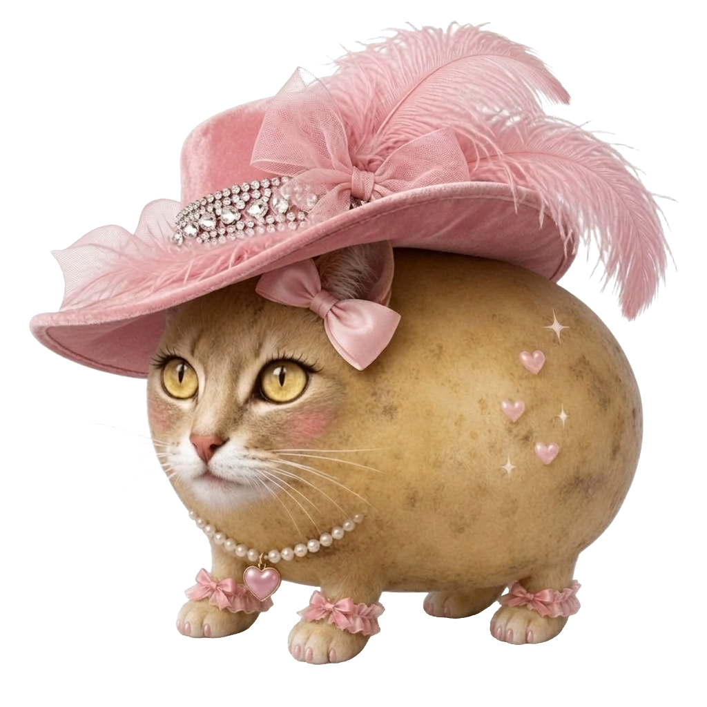 Fried Catito — glamorous potato-cat diva in a pink feather hat performing on the Miami stage